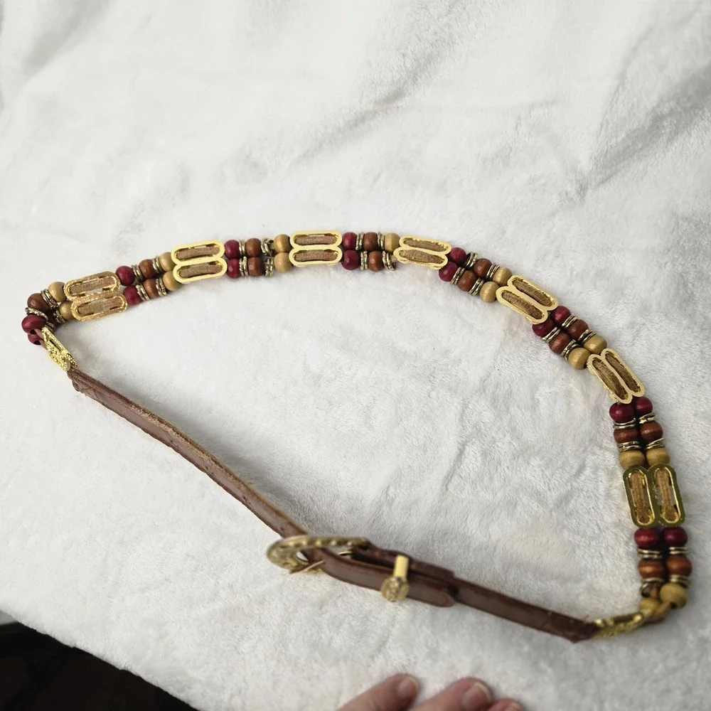 Vintage Express Brown Genuine Leather Wood Bead Gold Metal Link Belt Womens M